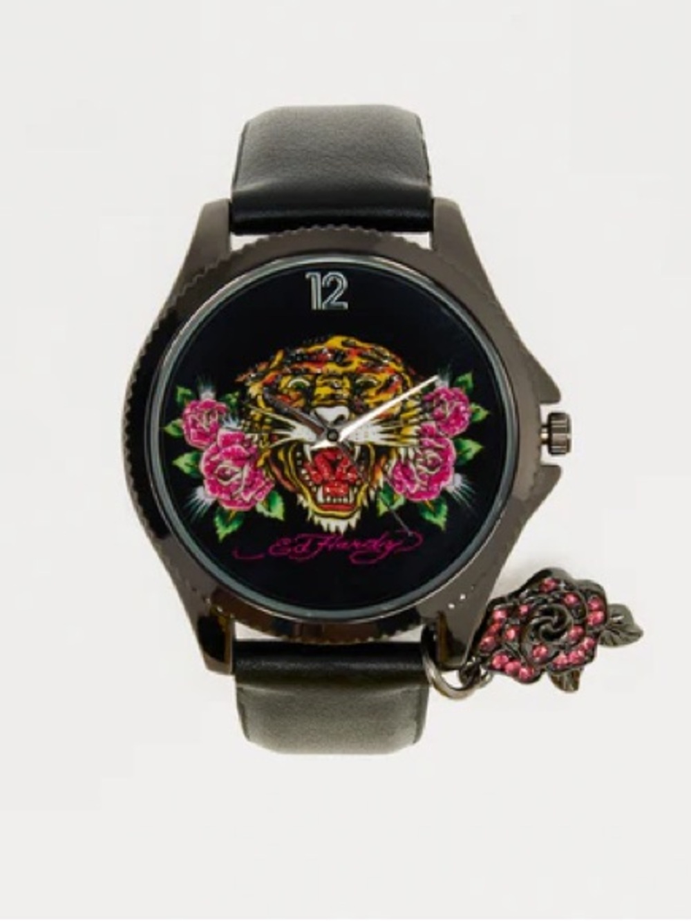 •Tiger Rose• Ed Hardy Black Dial Gunmetal Case Leather Strap Y2K Tattoo Watch